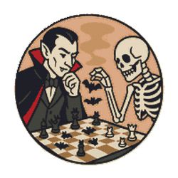 vampire and skeleton play chess halloween - cross stitch pattern pdf - instant download