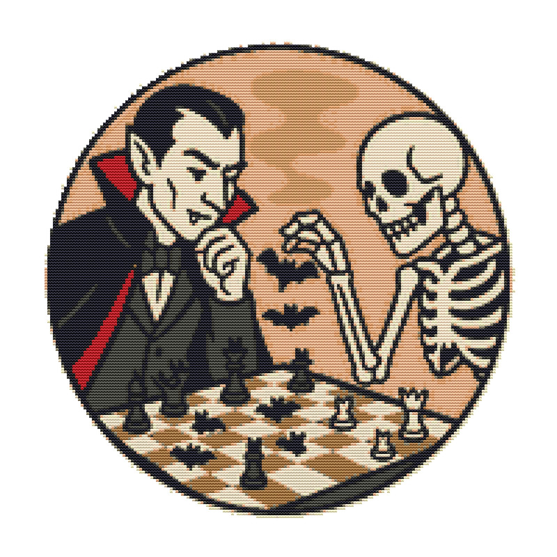 Vampire And Skeleton Play Chess Halloween  Cross Stitch Pattern PDF  Instant Download 0