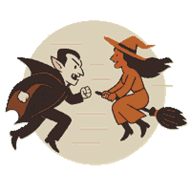 Vampire And Witch Halloween Competition  Cross Stitch Pattern PDF  Instant Download 0