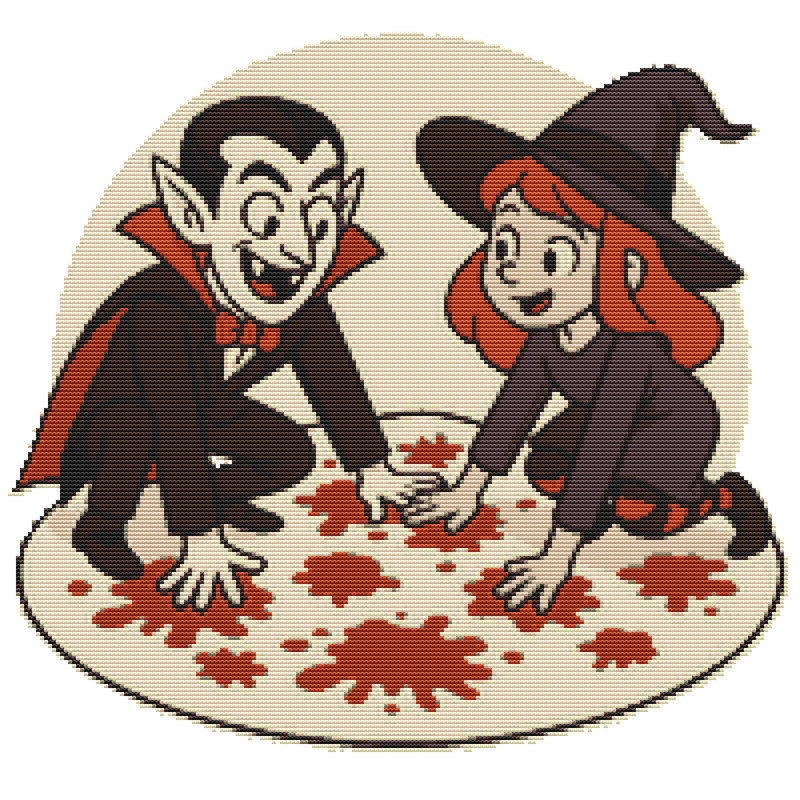 Vampire And Witch Make Handprints For Halloween  Cross Stitch Pattern PDF  Instant Download 0