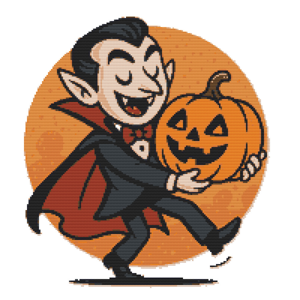 Vampire Carries Pumpkin On Halloween  Cross Stitch Pattern PDF  Instant Download 0