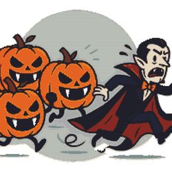 vampire runs away from pumpkins on halloween - cross stitch pattern pdf - instant download