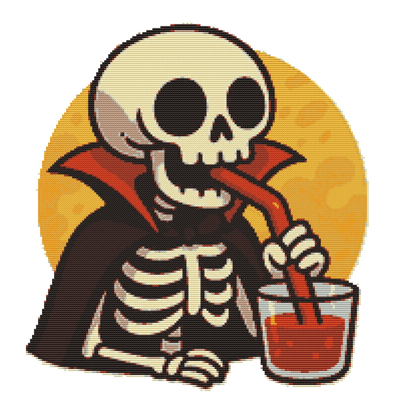 Vampire Skeleton Drinks Blood On Halloween Cross Stitch Pattern PDF Instant Download 0
