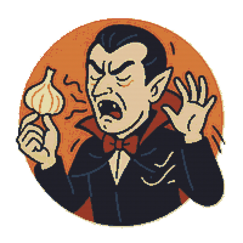 Vampire Sniffs Garlic On Halloween Cross Stitch Pattern PDF Instant Download 0