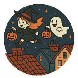 witch and ghost on the rooftops for halloween - cross stitch pattern pdf - instant download