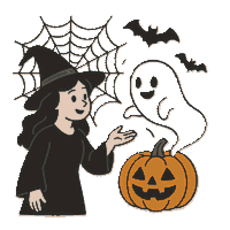 Witch Talks To Ghost On Halloween  Cross Stitch Pattern PDF  Instant Download 0