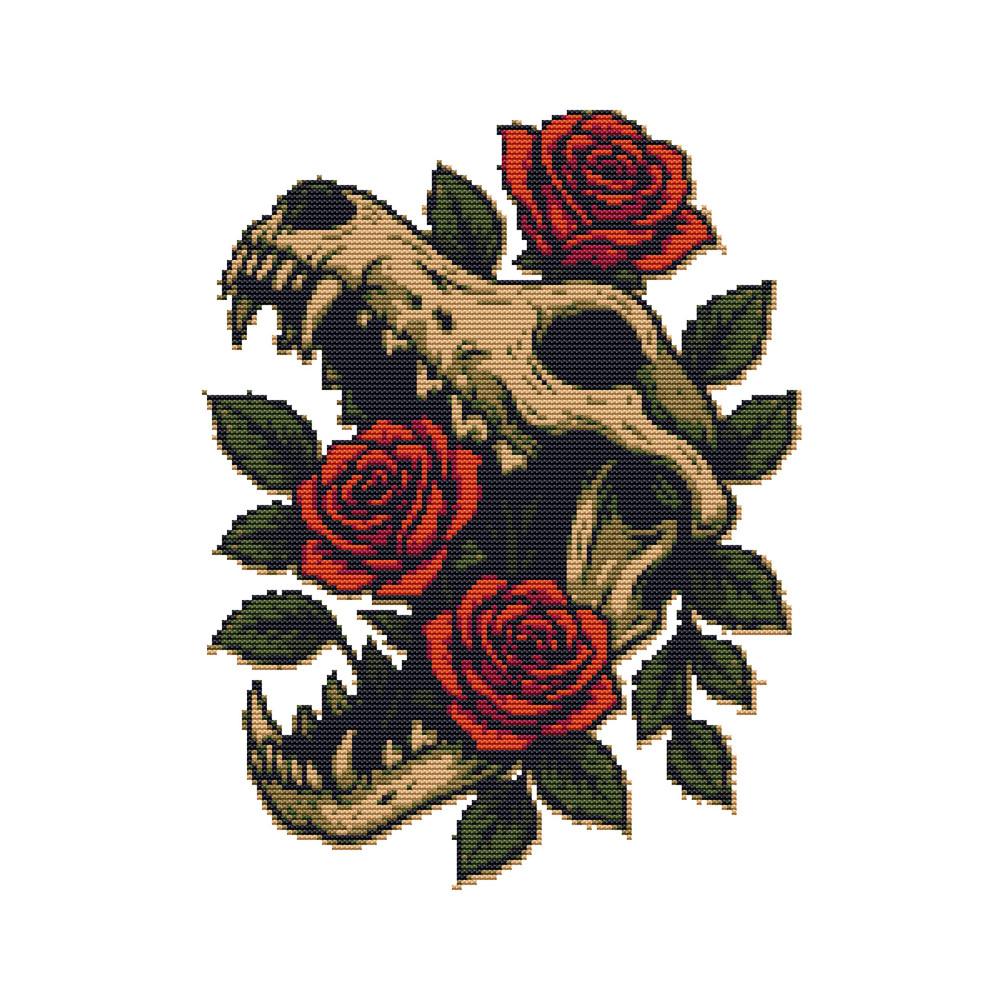 Wolf Skeleton With Roses Cross Stitch Pattern PDF Instant Download 0