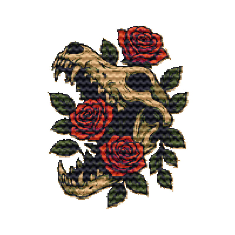 Wolf Skeleton With Roses Cross Stitch Pattern PDF Instant Download 0