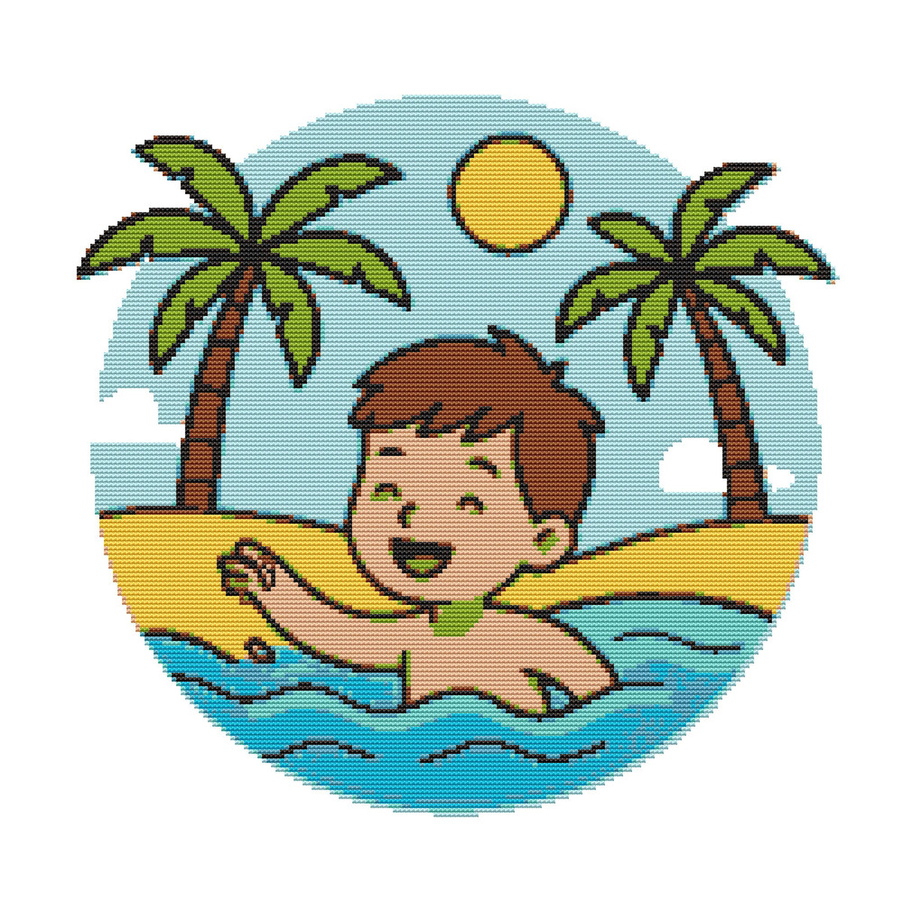 A Boy Swims In The Water Against The Backdrop Of Palm Trees Cross Stitch Pattern PDF Instant Down 0