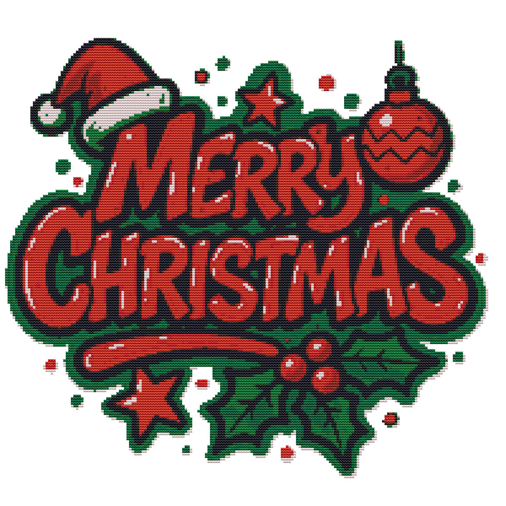 Merry Christmas Red Text On Green Background Cross Stitch Pattern PDF Instant Download 0