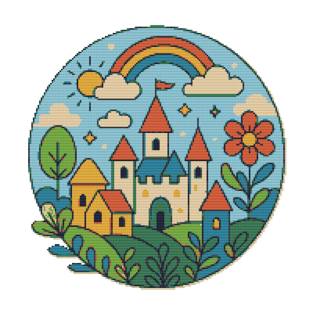 Castle On A Green Background With Beautiful Houses  Cross Stitch Pattern PDF  Instant Download 0