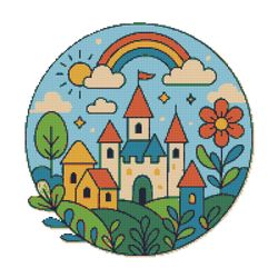 castle on a green background with beautiful houses - cross stitch pattern pdf - instant download