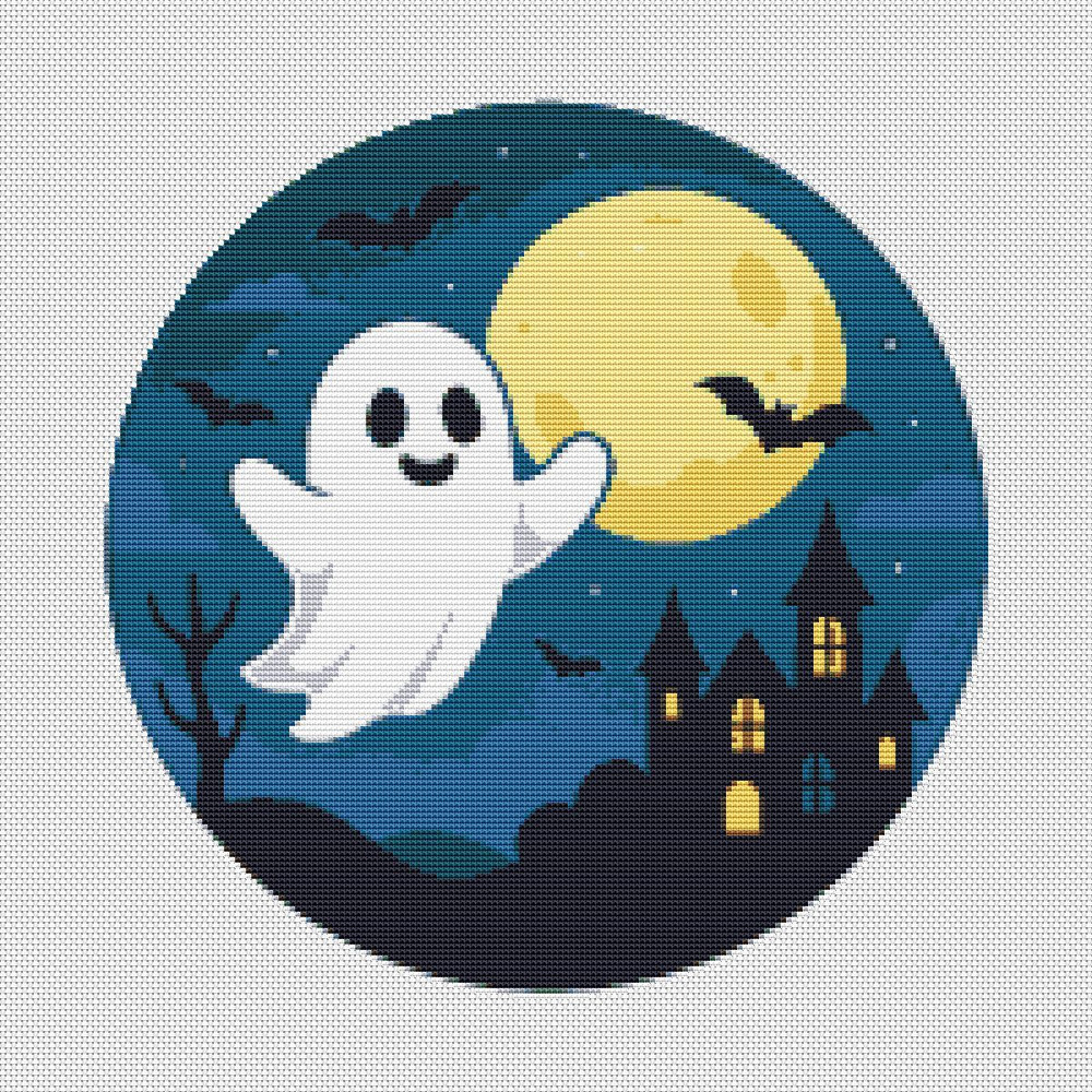 Ghost Flies At Night Halloween Cross Stitch Pattern PDF Instant Download 0