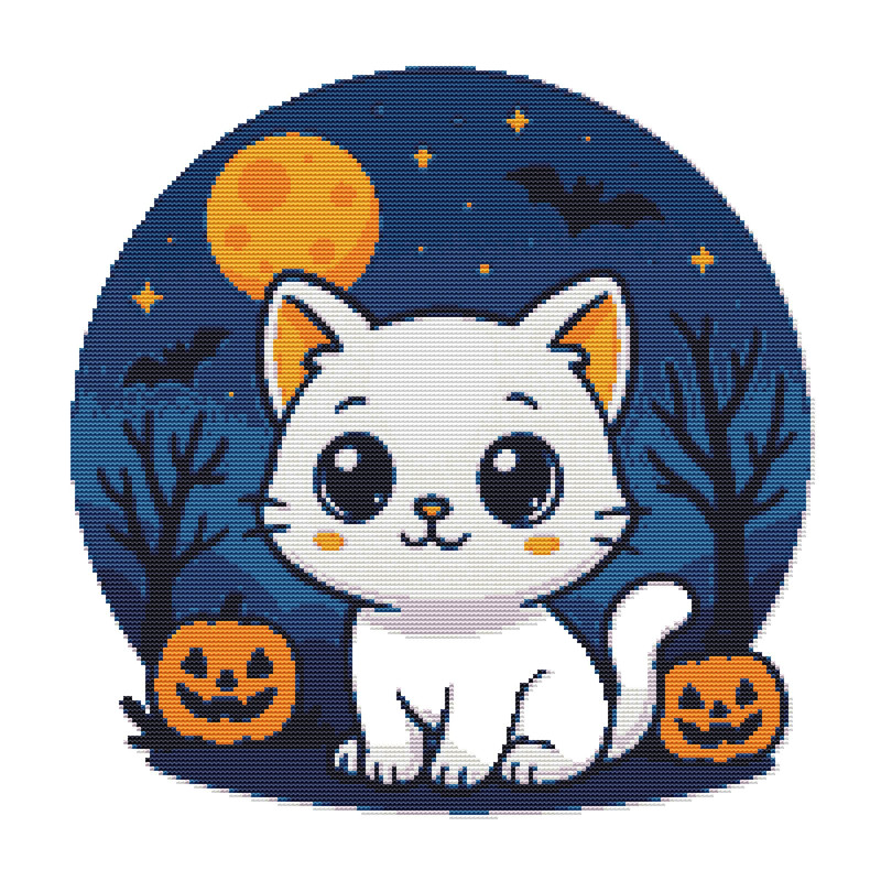 Little Kitten At Night On Halloween Cross Stitch Pattern PDF Instant Download 0