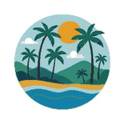 sea and green palm trees with sun - cross stitch pattern pdf - instant download