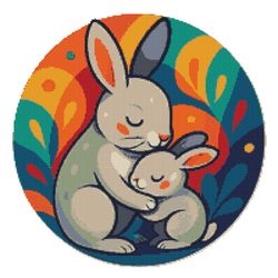 a female hare hugs a baby hare on a colored background - cross stitch pattern pdf - instant download