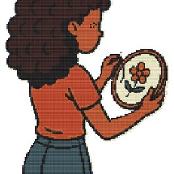 a girl with dark hair embroiders - cross stitch pattern pdf - instant download