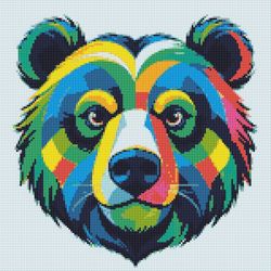 bear face on blue background- cross stitch pattern pdf - instant download