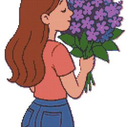 beautiful girl with perfect figure smells lilac flowers - cross stitch pattern pdf - instant download