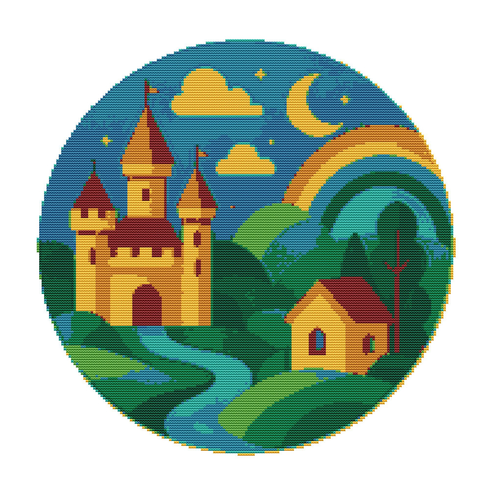Castle On Green Nature Background With Moon  Cross Stitch Pattern PDF  Instant Download 0