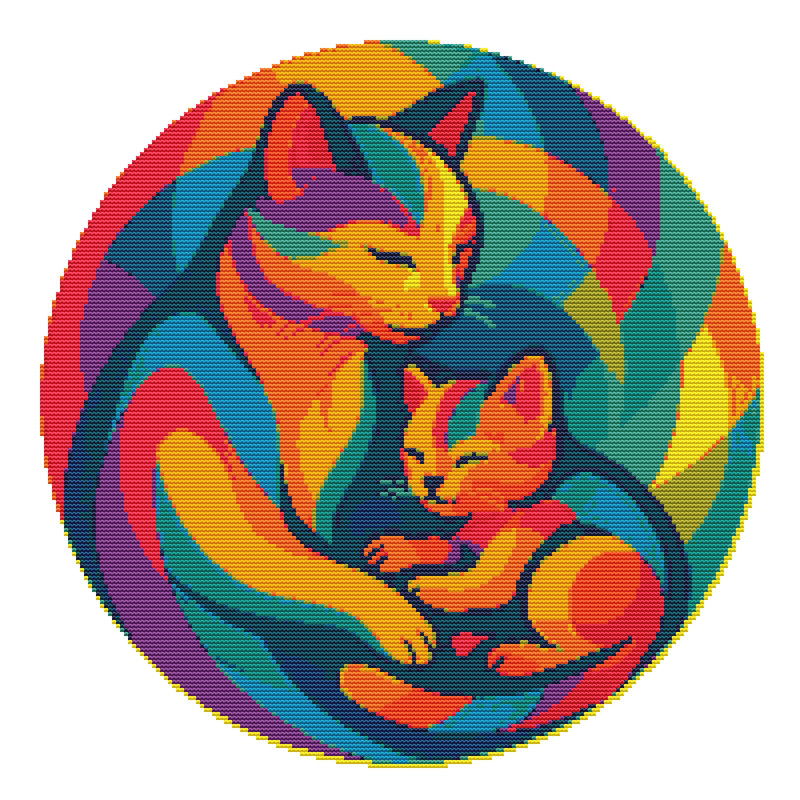 Cat With Kitten On Color Background Cross Stitch Pattern PDF Instant Download 0