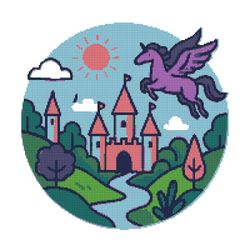 children's land with a flying unicorn - cross stitch pattern pdf - instant download