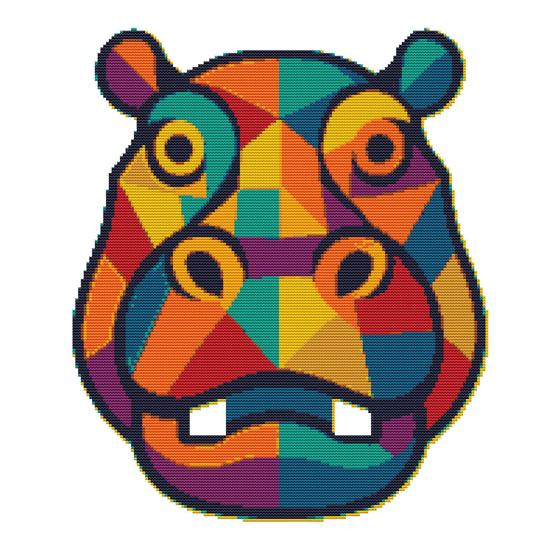 Colorful Hippopotamus Face In Geometric Shapes Cross Stitch Pattern PDF Instant Download 0
