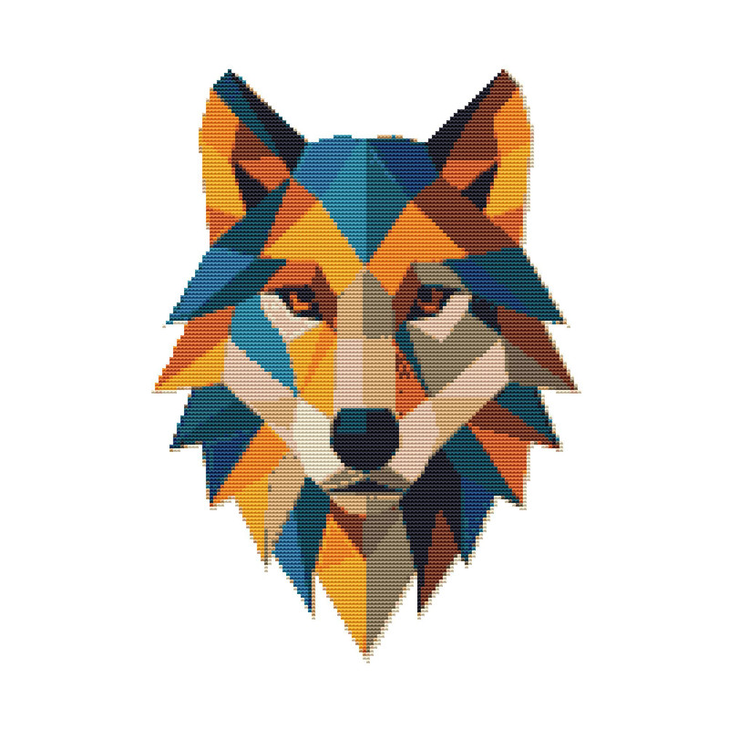 Colorful Wolf Face In Geometric Shapes Cross Stitch Pattern PDF Instant Download 0