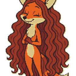 fashionable fox with beautiful curly hair - cross stitch pattern pdf - instant download