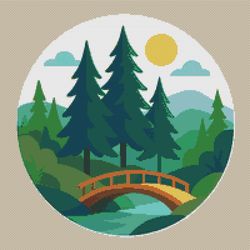 fir trees and a bridge - cross stitch pattern pdf - instant download