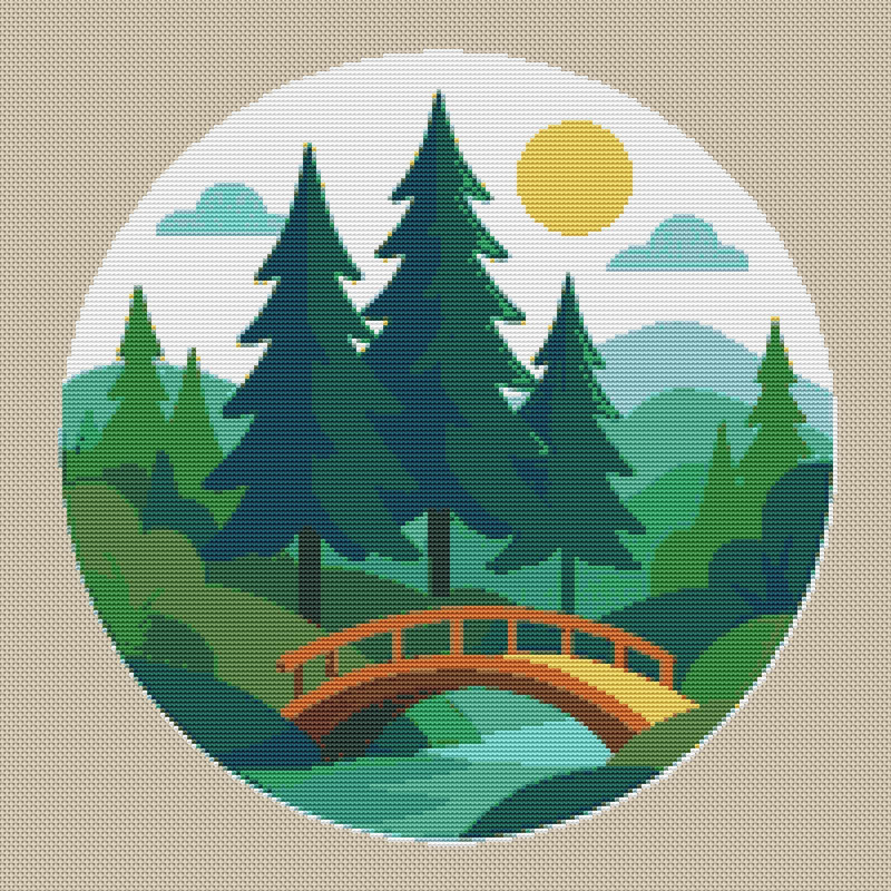 Fir Trees And A Bridge Cross Stitch Pattern PDF Instant Download 0
