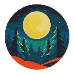 green firs at night with a big glowing moon- cross stitch pattern pdf - instant download