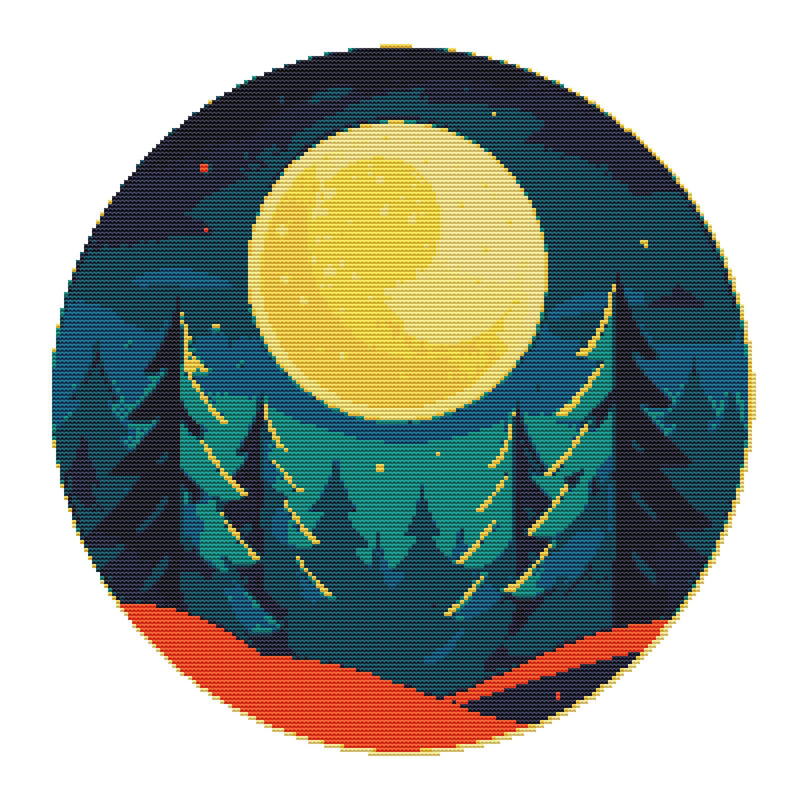 Green Firs At Night With A Big Glowing Moon Cross Stitch Pattern PDF Instant Download 0