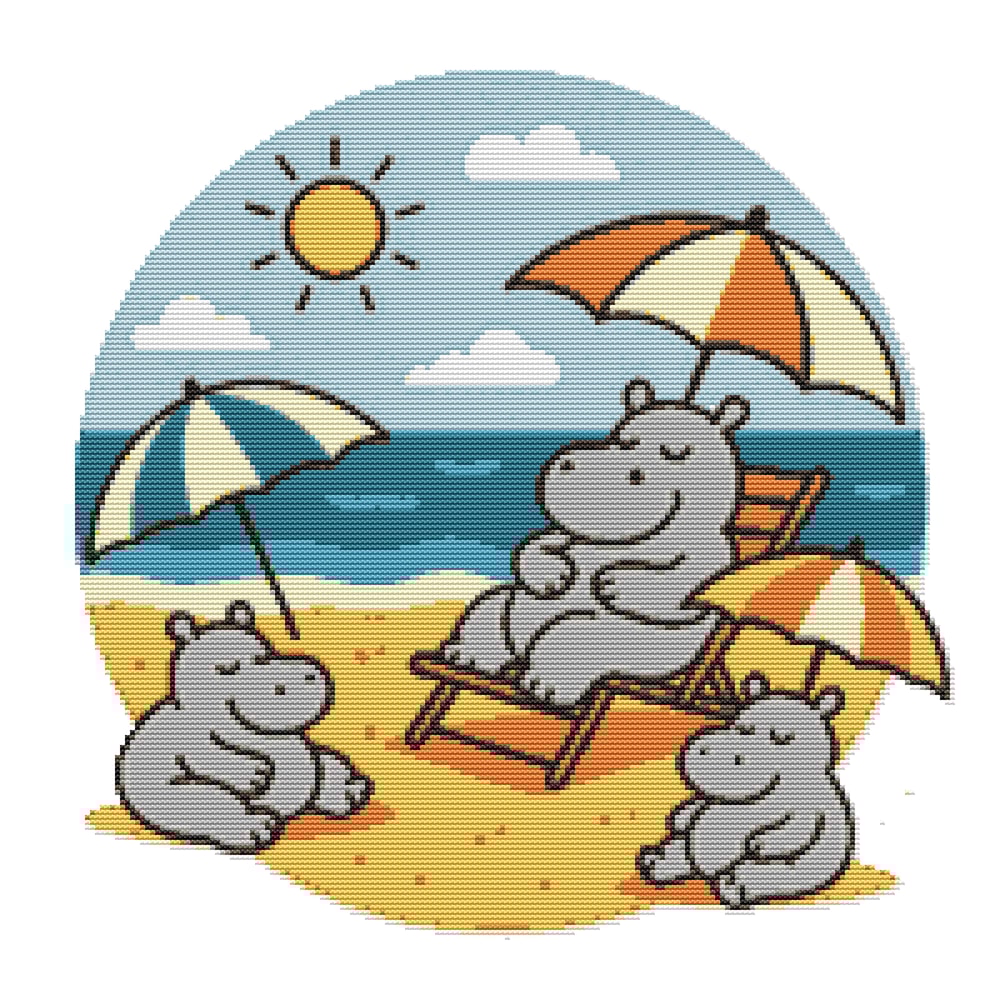 Hippos Sleep On The Beach Under An Umbrella Cross Stitch Pattern PDF Instant Download 0