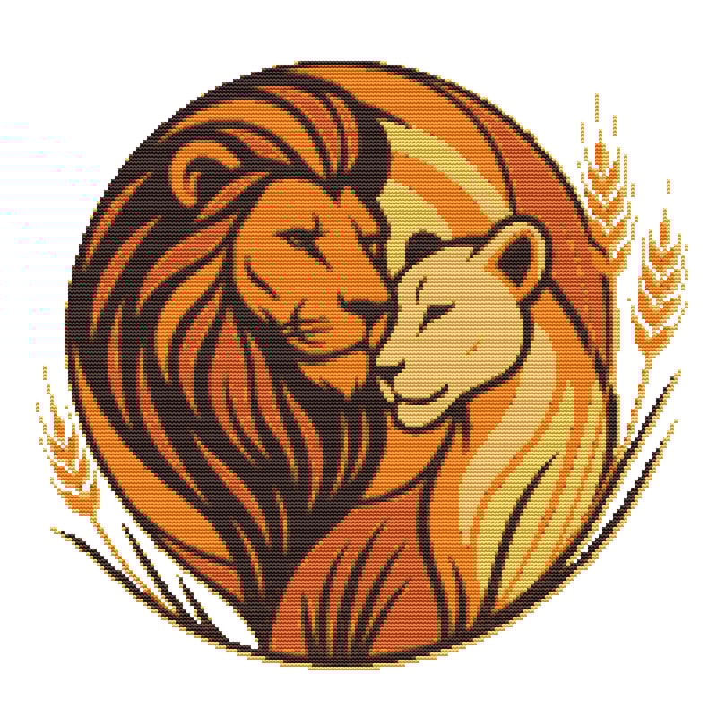Lion And Lioness Against The Background Of Wheat Ears Cross Stitch Pattern PDF Instant Download 0