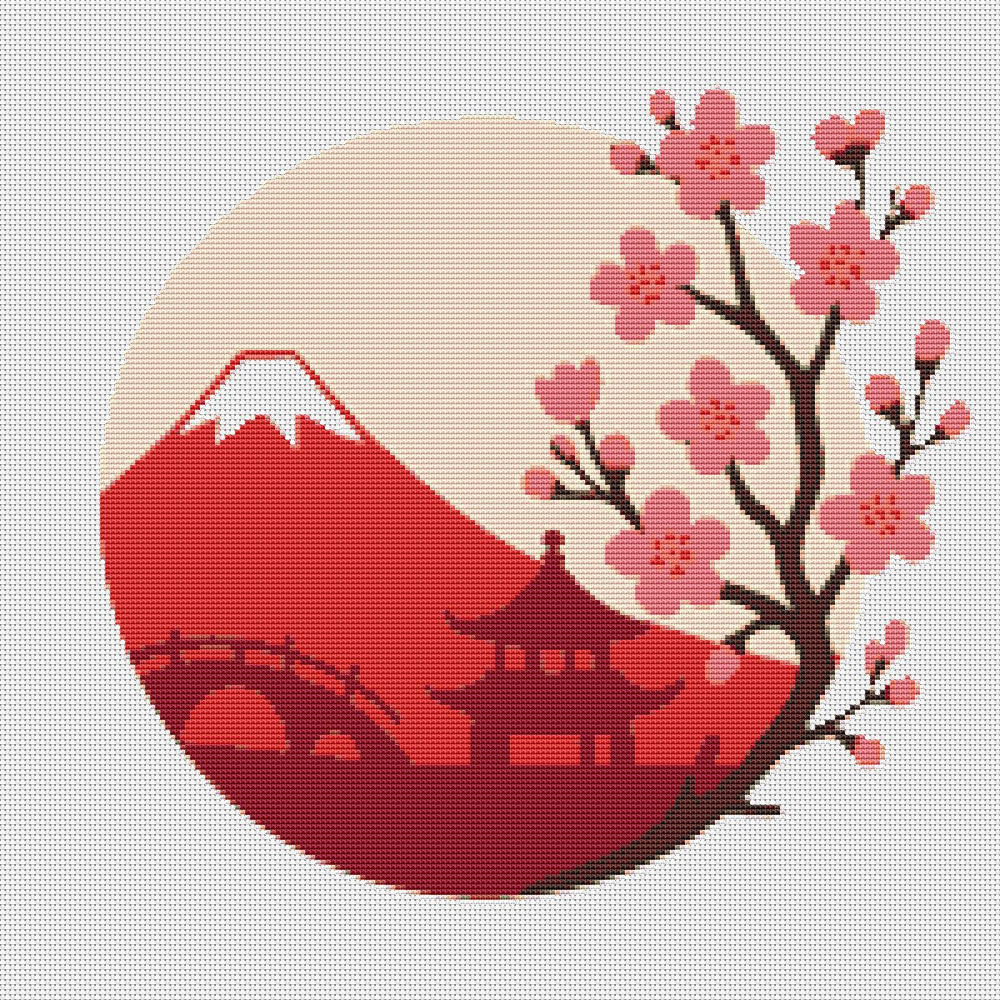 Nature  Mountain And Sakura  Cross Stitch Pattern PDF  Instant Download 0
