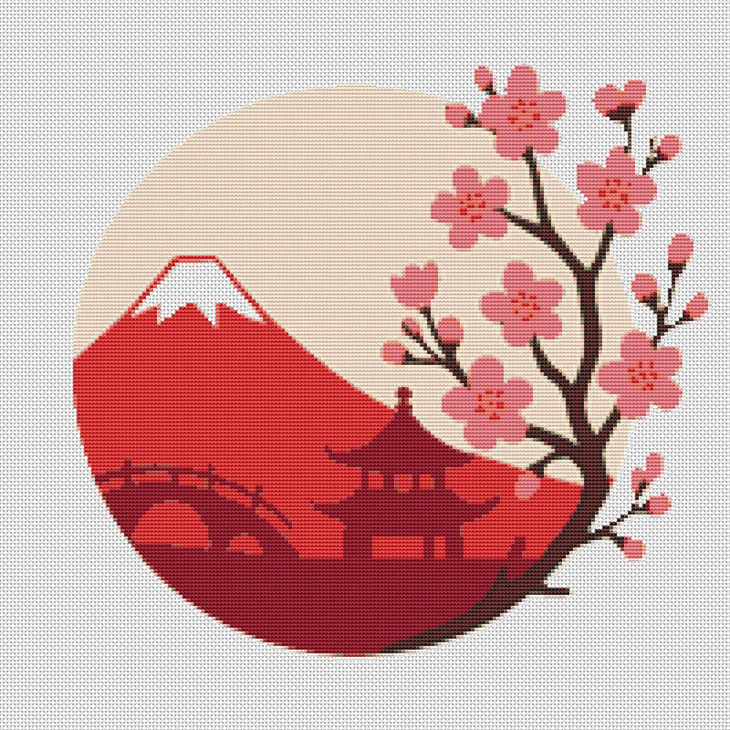 Nature  Mountain And Sakura  Cross Stitch Pattern PDF  Instant Download 0