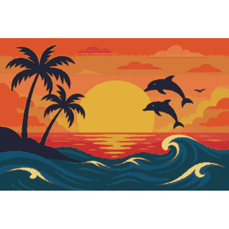 Palm Trees Sunset And Dolphins  Cross Stitch Pattern PDF  Instant Download 0