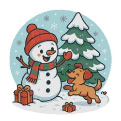 a cheerful snowman in a scarf and hat plays with a puppy near a snow-cover - cross stitch pattern pdf - instant download