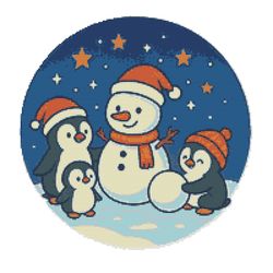 a family of penguins build a snowman under a starry christmas night sky - cross stitch pattern pdf - instant download