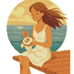 a girl embroidering against the backdrop of the sea - cross stitch pattern pdf - instant download