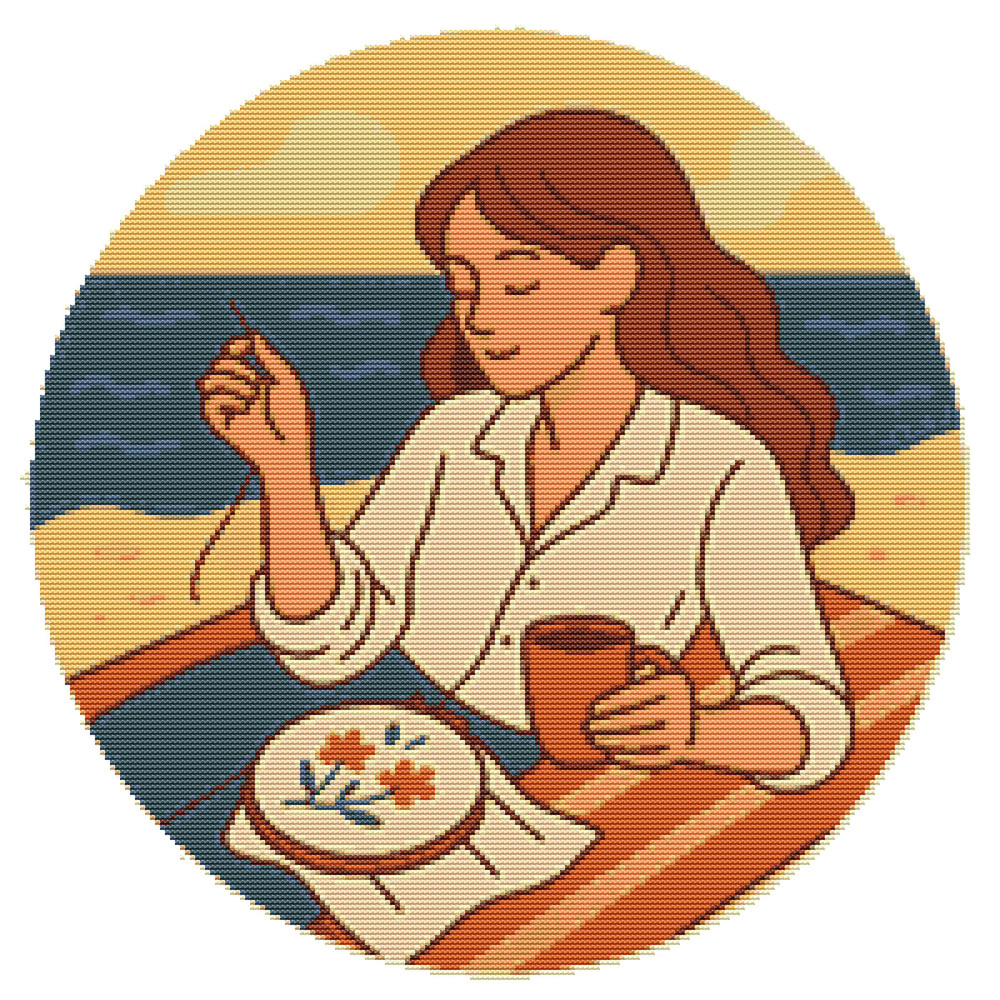 A Girl Embroiders Over A Cup Of Coffee  Cross Stitch Pattern PDF  Instant Download 0