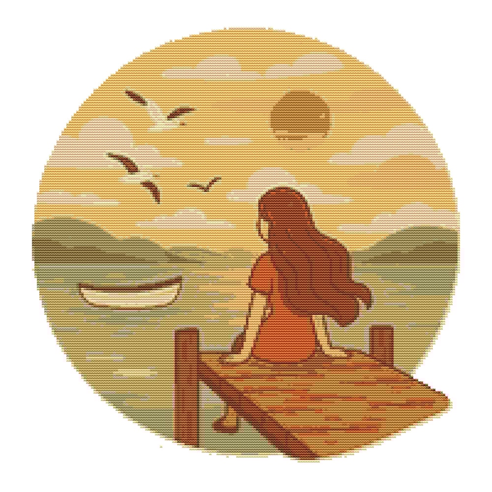 A Girl Is Sitting On The Pier Cross Stitch Pattern PDF Instant Download 0