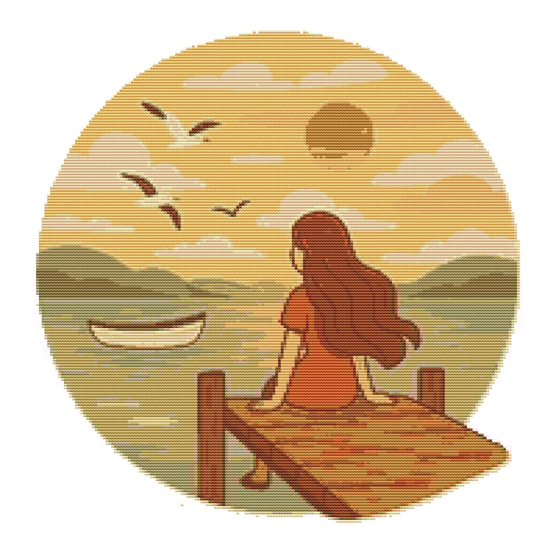 A Girl Is Sitting On The Pier Cross Stitch Pattern PDF Instant Download 0