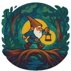 a gnome walks through the forest with a lantern - cross stitch pattern pdf - instant download