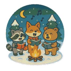 a group of animals sing christmas songs around a campfire - cross stitch pattern pdf - instant download