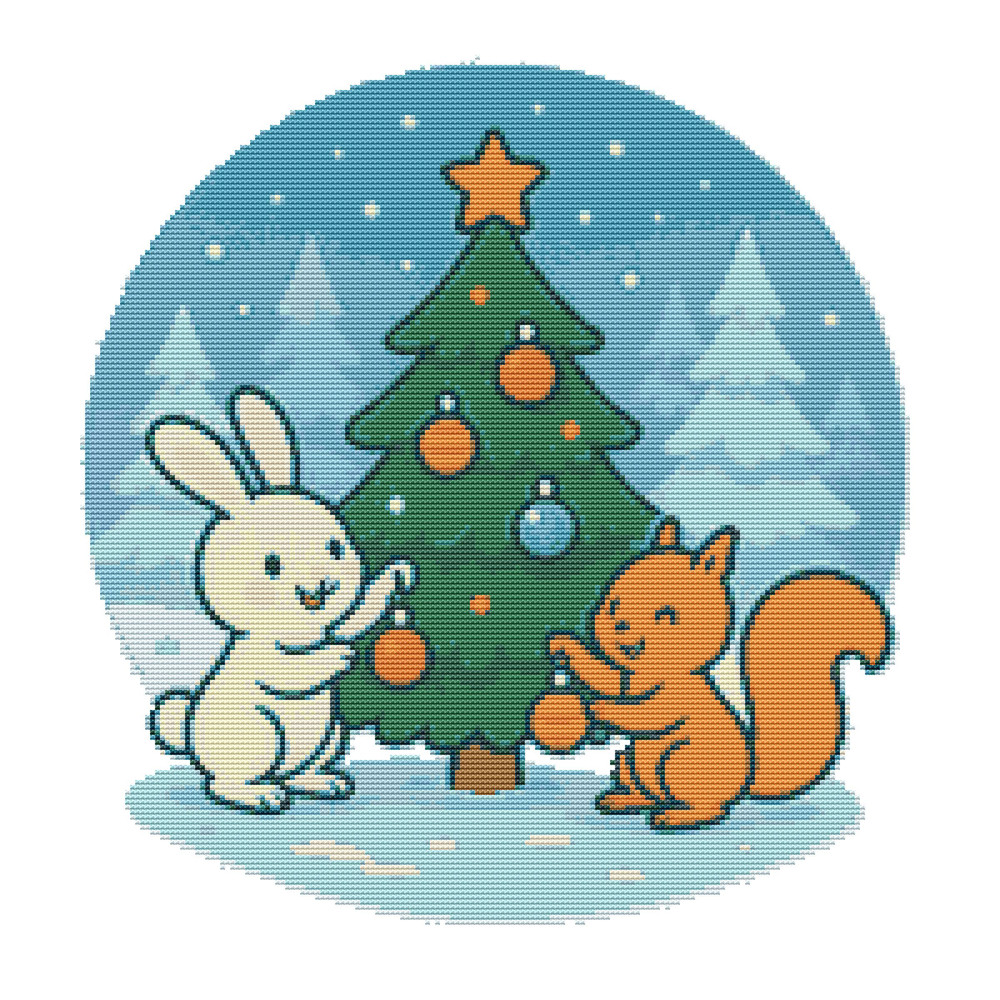 A Little Hare And A Little Squirrel Are Decorating A Christmas Tree In The  Cross Stitch Pattern PD 0