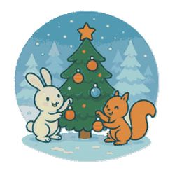 a little hare and a little squirrel are decorating a christmas tree in the - cross stitch pattern pdf - instant download