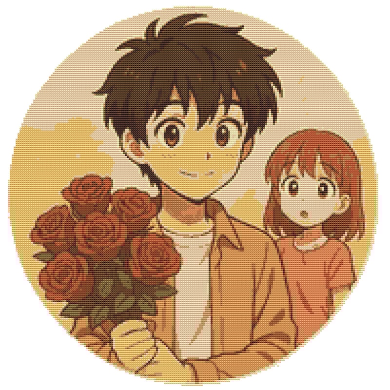 Boyfriend Waits For Girlfriend With Flowers On Valentines Day Cross Stitch Pattern PDF Instant Do 0