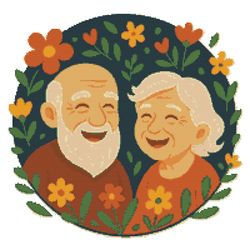 elderly couple laughing on floral background - cross stitch pattern pdf - instant download